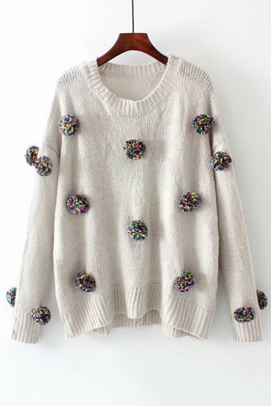 Stylish Round Neck Long Sleeve Sweater with Knitted Pompom
