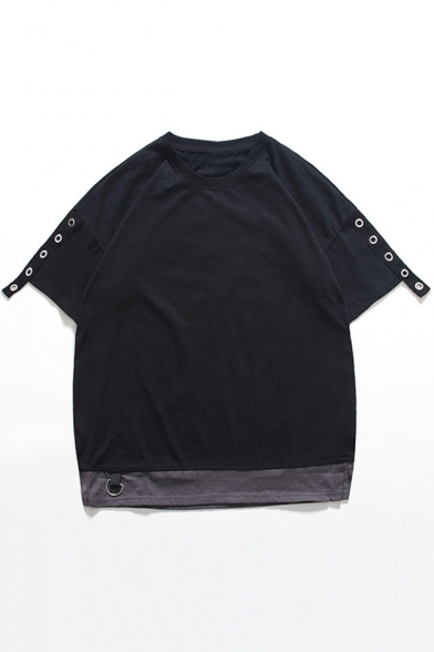 Stylish Round Neck Short Sleeve Panel Grommet Layered T-Shirt