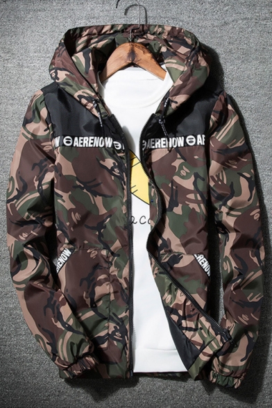 Camouflaged Letter Pattern Long Sleeves Hooded Zip-up Jacket with Pockets