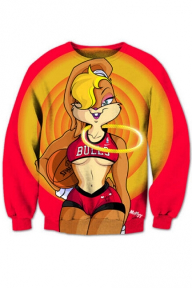Cartoon Rabbit Color Block Print Round Neck Long Sleeve Pullover Sweatshirt