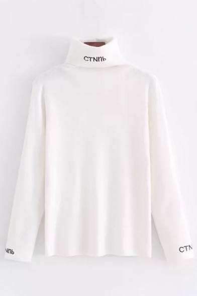 Chic Letter Embroidered Turtleneck Long Sleeve Pullover Sweater