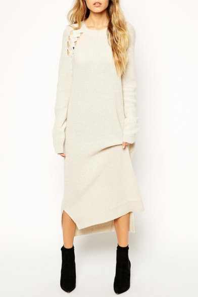 Chic Plain Hollow Out Round Nexk Long Sleeve Sweater Maxi Dress