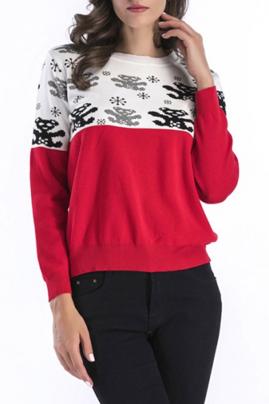 Color Block Bear Pattern Long SLeeve Pullover Sweater