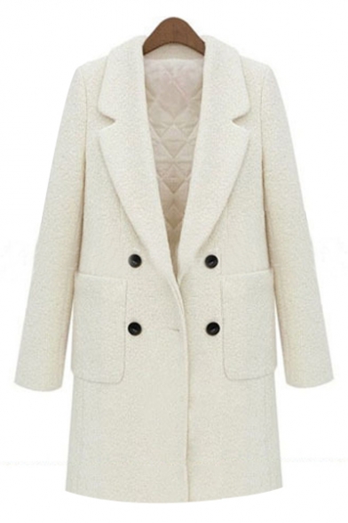 Fashion Double Breasted Notched Lapel Long Sleeve Plain Tunic Coat
