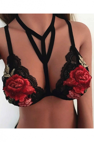 Fashion Stray Front Embroidery Floral Pattern Sexy Cami Bralet
