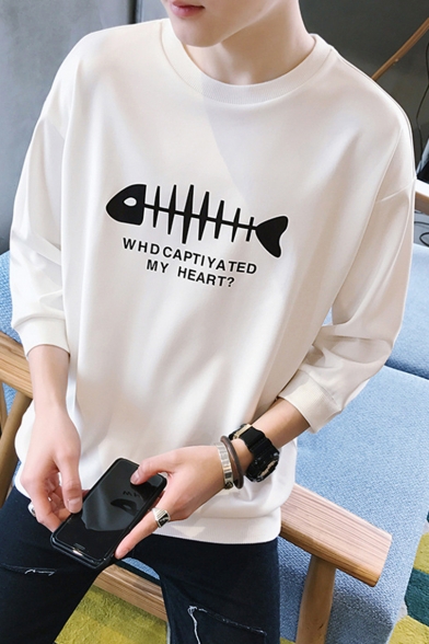 Fish Bone Print Round Neck 3/4 Length Sleeve Pullover Sweatshirt