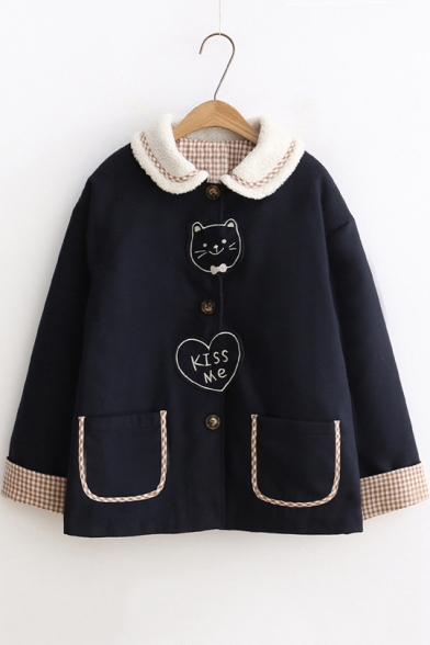 Lovely Cat Embroidered Lapel Long Sleeve Buttons Down Woolen Coat
