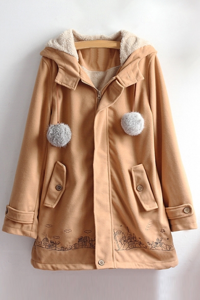 New Fashion Embroidered Zippered Long Sleeve Hooded Coat