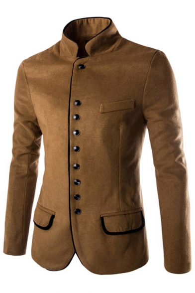 New Stylish Stand-Up Collar Long Sleeve Simple Plain Single Breasted Coat