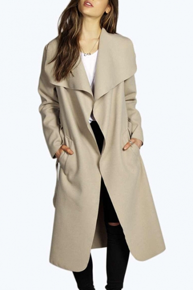 New Trendy Simple Plain Lapel Open Front Long Sleeve Trench Coat with ...