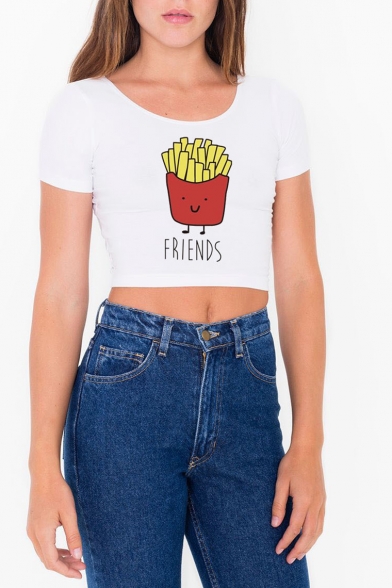 Round Neck Short Sleeves Cartoon Letter Printed Cropped Slim-Fit Tee