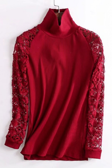 Simple Plain Crochet Lace Panel Long Sleeve Turtleneck Pullover Sweater
