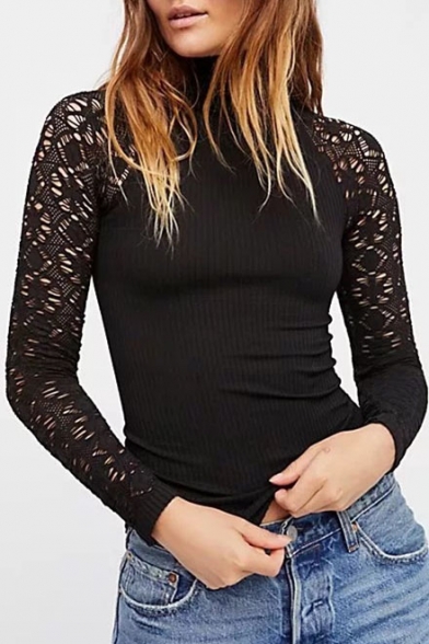 Stylish Long Kaleidoscope Hollow-out Sleeves High Neck Ribbed Slim-Fit Sweater
