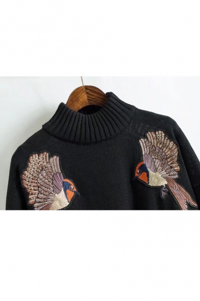 Brid Embroidered Dipped Hem Long Sleeve Pullover Sweater