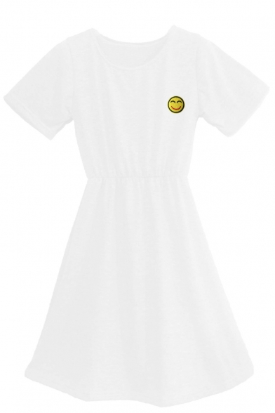 Casual Round Neck Short Sleeves Smiley Face Pattern A-line T-shirt Mini Dress