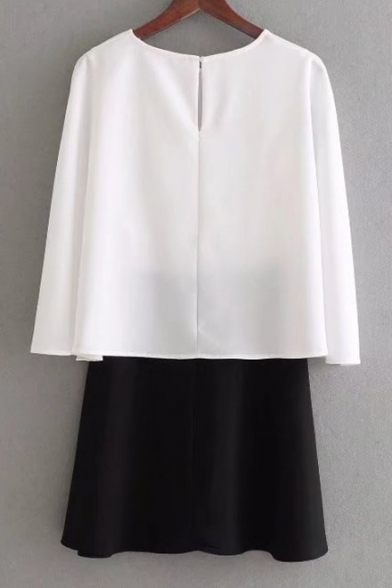 Chic Color Block Round Neck Split Side Long Sleeve A-Line Mini Dress