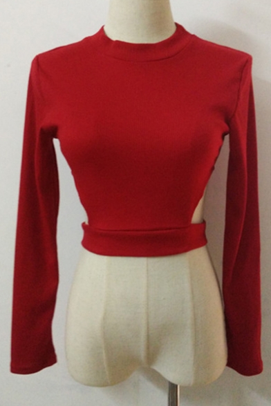 Chic Hollow Out Round Neck Long Sleeve Cropped Pullover Sweater