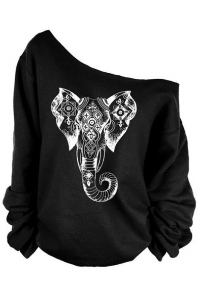 Chic One Shoulder Long Sleeves Elephant Geometric Printed Loose Pullover Sweatshirt