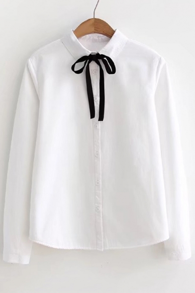 Chic Simple Plain Lapel Bow Front Long Sleeve Buttons Down Shirt