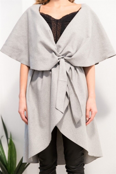 Chic Simple Plain Oversize Lapel Tie Front Sleeveless Cloak Coat