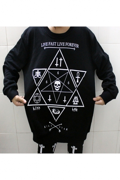 Chic Skull Hexagram Print Round Neck Long Sleeve Pullover Sweatshirt