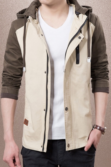 Color Block Drawstring Hooded Zip Up Long Sleeve Leisure Jacket