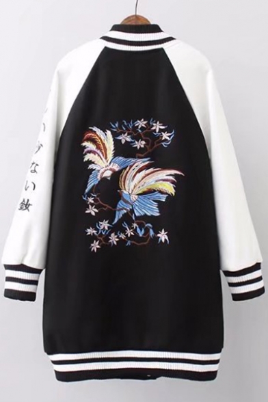 Color Block Floral Embroidered Stand-Up Collar Long Sleeve Baseball Coat