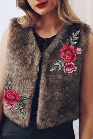 Fashion Embroidery Floral Pattern Open Front Faux Fur Vest Coat
