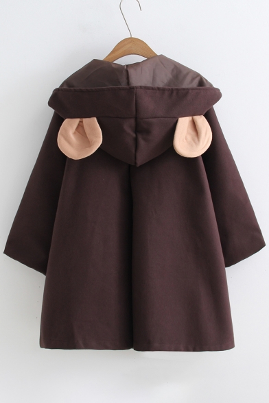 Fashion Single Breasted Contrast Bear's Ear Hood Long Sleeve Coat