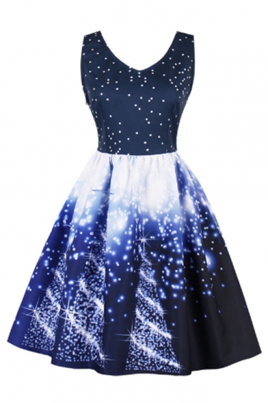 New Christmas Tree Snow Printed V-neck Pleated Fit & Flare Dress