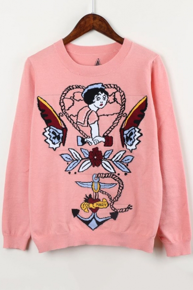 New Fashion Cartoon Girl Embroidered Round Long Sleeve Pullover Sweater