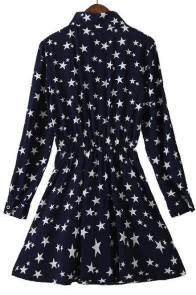 New Fashion Chic Star Pattern Lapel Long Sleeve Buttons Down Shirt Mini Dress