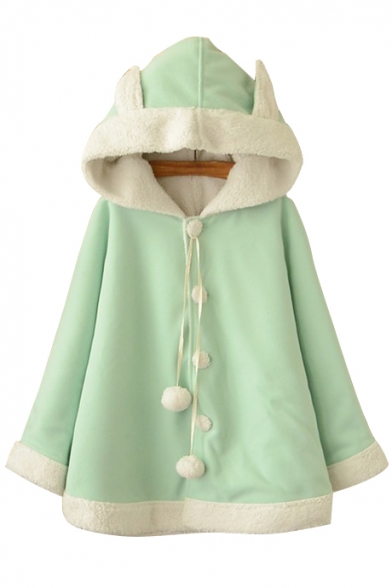 New Fashion Color Block Buttons Down Hooded Long Sleeve Woolen Ear Pompom Cape