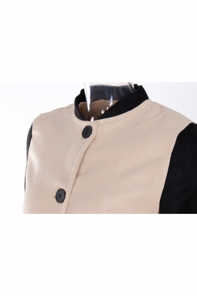 New Fashion Color Block Stand-Up Collar Buttons Down Long Sleeve Woolen Coat