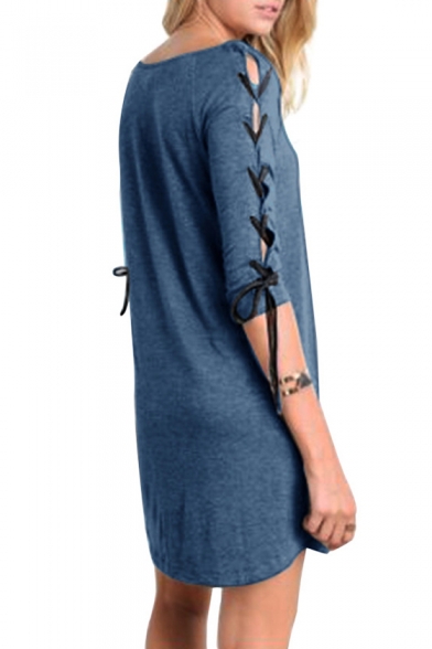 New Fashion Simple Plain Crisscross Ribbons Side Half Sleeve Mini Dress