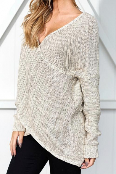 New Fashion Simple Plain V-Neck Long Sleeve Pullover Sweater