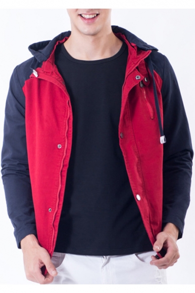 New Stylish Color Block Print Drawstring Hood Zip Up Long Sleeve Jacket