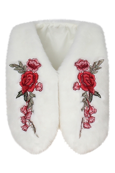 New Stylish Embroidery Floral Pattern Open Front Faux Fur Vest Coat