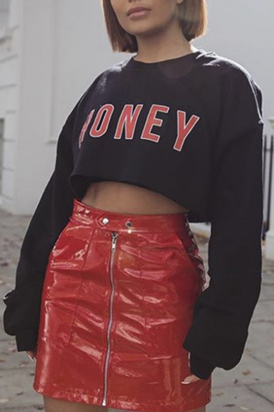 New Stylish Letter Print Round Neck Long Sleeve Cropped Pullover Sweatshirt