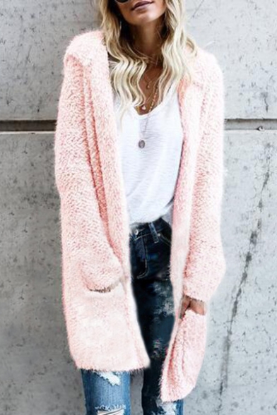 New Trendy Simple Plain Dopen Front Hooded Long Sleeve Cardigan