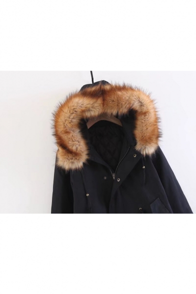 Simple Plain Faux Fur Hem Hooded Zip Placket Long Sleeve Longline Coat