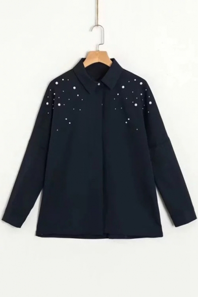 Simple Plain Pearl Embellished Lapel Long Sleeve Buttons Down Shirt