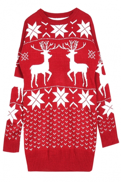 Snow Deer Patterned Round Neck Long Sleeve Sweater