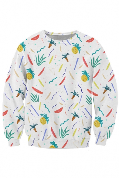 Summer Holiday Tropical Fruits Printed Long Sleeves Round Neck Pullover Sweatshirt