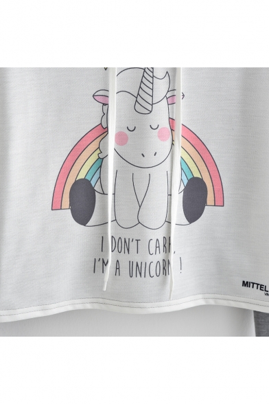 Chic Color Block Rainbow Unicorn Print Long Sleeve Cropped Hoodie
