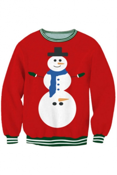 Christmas Snowman Stripes Trimmed Round Neck Long Sleeves Pullover Sweatshirt