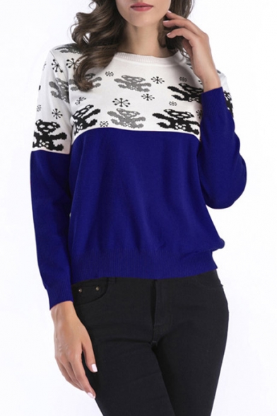 Color Block Bear Pattern Long SLeeve Pullover Sweater