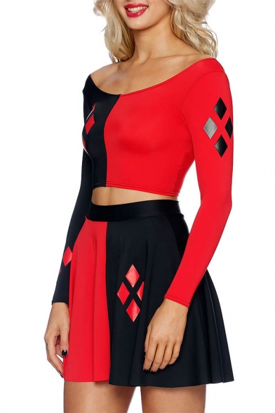 Color Block Boat Neck Long Sleeve Cropped Tee with High Waist A-Line Mini Skirt