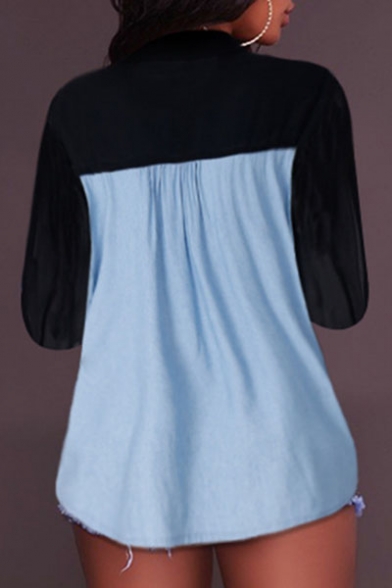 Fashion Color Block Lapel Chiffon Panel Long Sleeve Denim Shirt