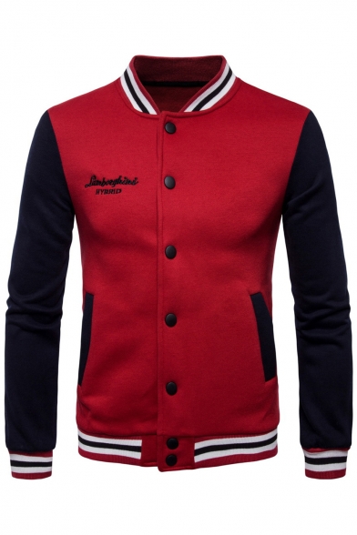 Fashion Color Block Letter Print Long Sleeve Stand-Up Collar Baseball Jacket